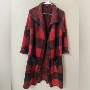 Joseph A Red and Black Plaid Open Front Long Cardigan